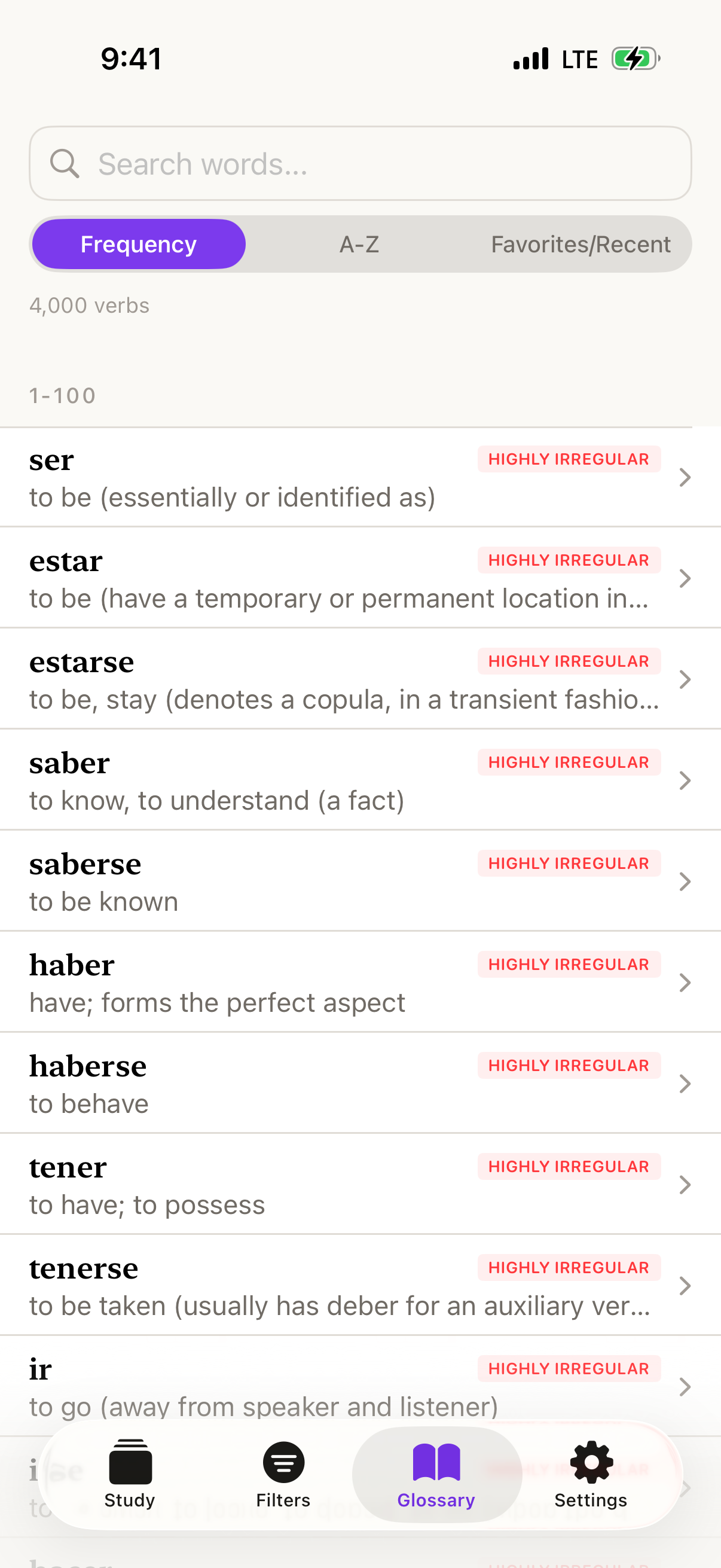 Flex comprehensive Spanish verb glossary